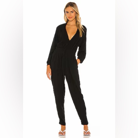 Indah Pants - INDAH Gianyar Black Pleated V Neck Jumpsuit Revolve Lightweight Long Sleeve | S
